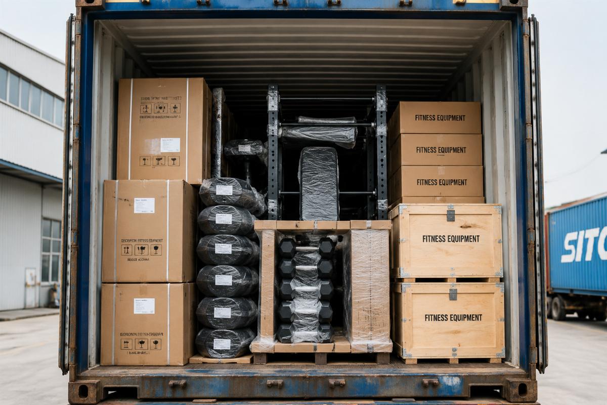 Ocean freight container loaded with commercial fitness equipment in export packaging