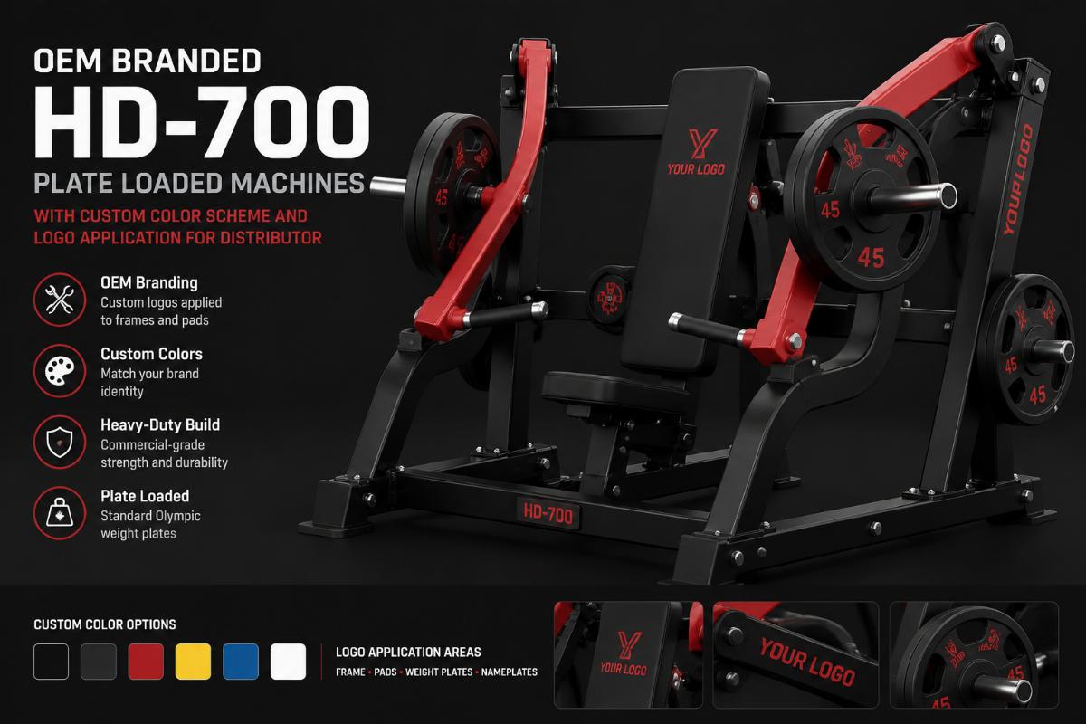 OEM branded HD-700 plate loaded machines with custom color scheme and logo application for distributor
