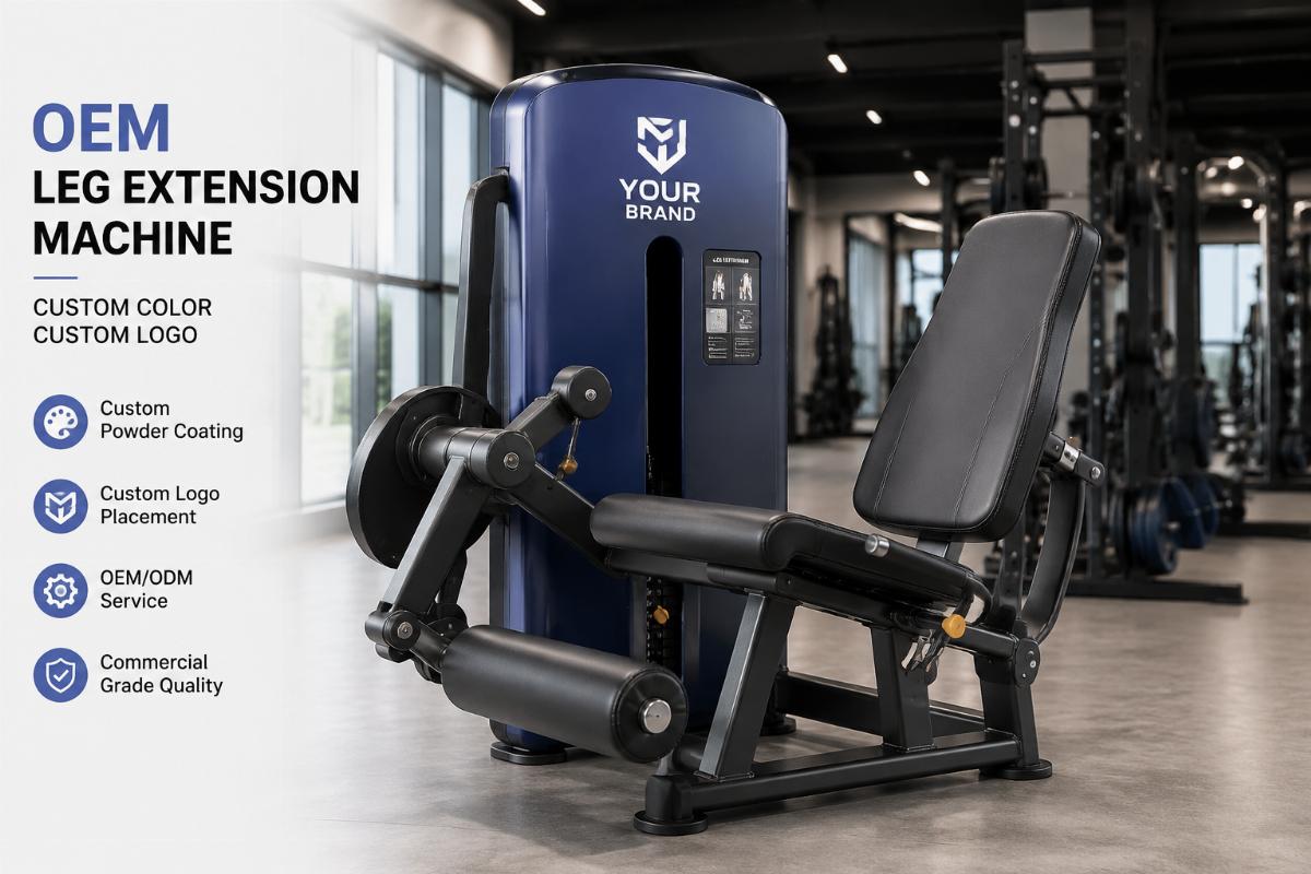 OEM branded leg extension machine with custom color powder coating and logo placement on weight stack shroud