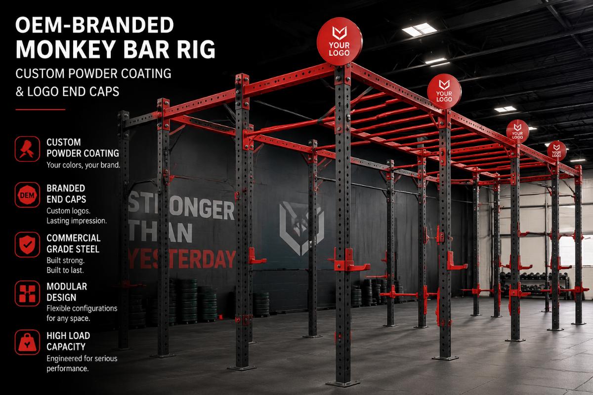OEM-branded monkey bar rig with custom powder coating and logo end caps