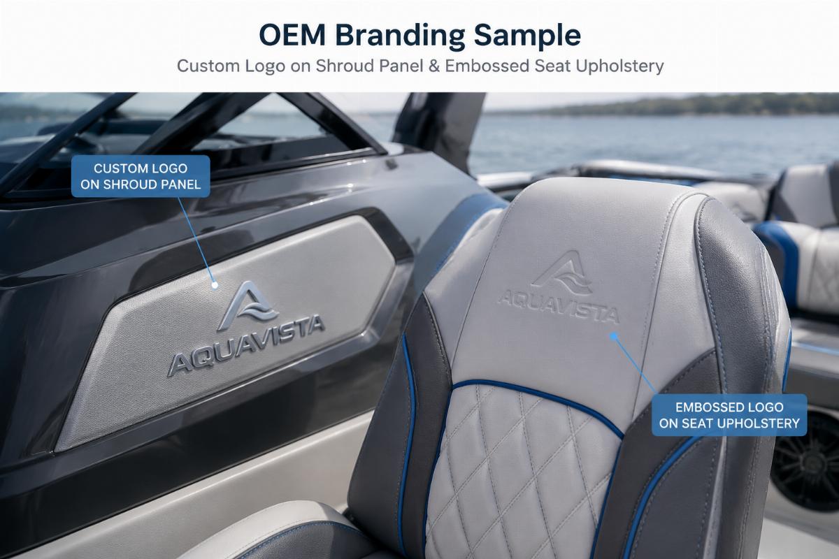 OEM branding sample showing custom logo on shroud panel and embossed seat upholstery