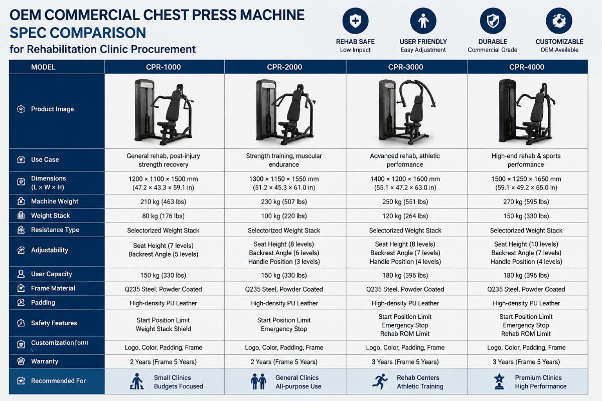 OEM commercial chest press machine spec comparison for rehabilitation clinic procurement