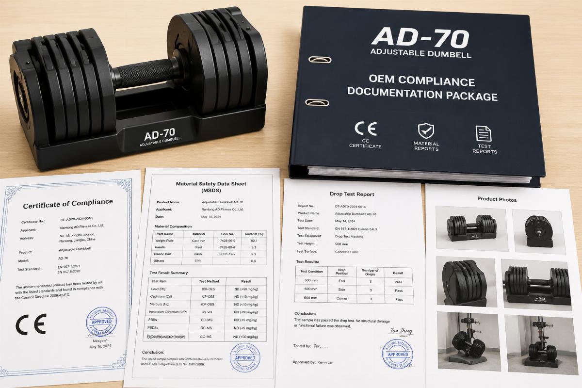OEM compliance documentation package for AD-70 adjustable dumbbell including CE, material reports, and drop test certificates