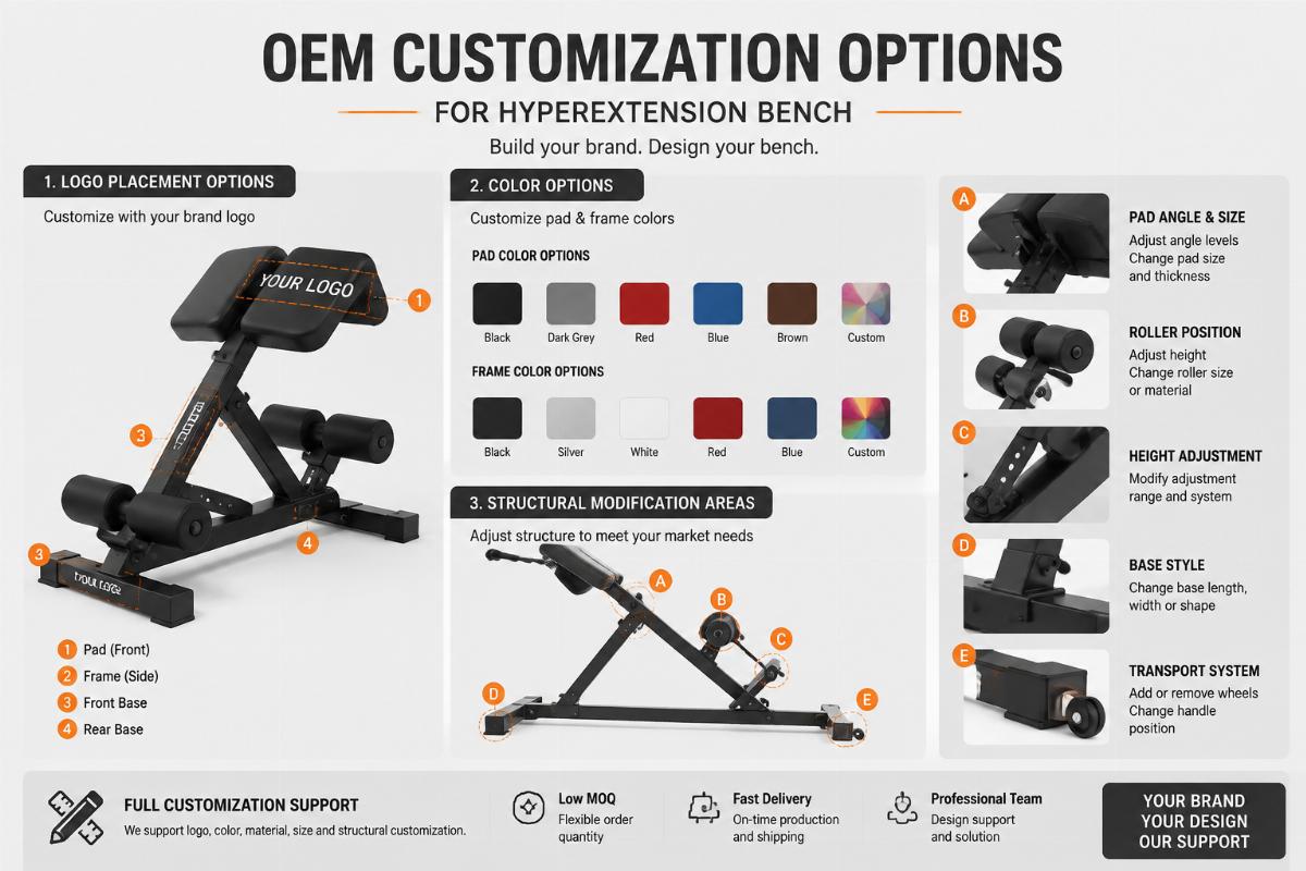 OEM customization options for hyperextension bench showing logo placement color options and structural modification areas