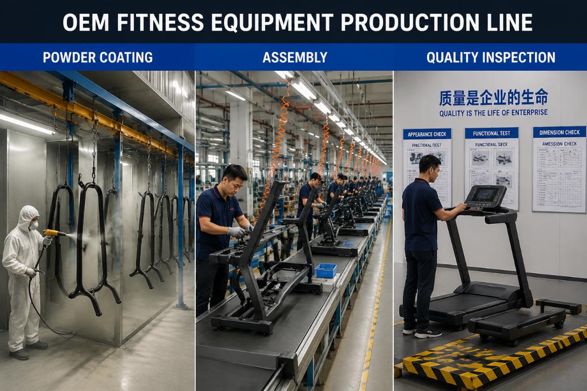 OEM fitness equipment production line showing powder coating, assembly, and quality inspection stages