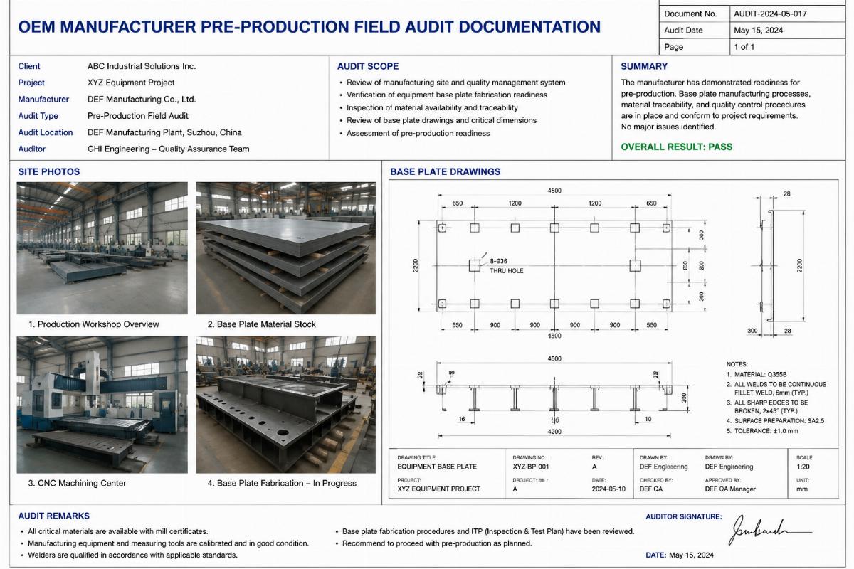 OEM manufacturer pre-production field audit documentation including site photos and base plate drawings