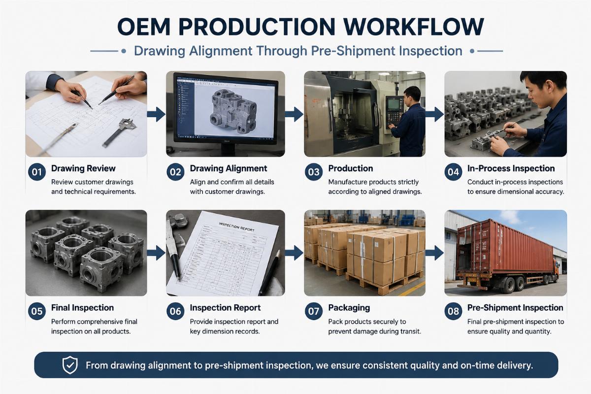 OEM production workflow diagram: drawing alignment through pre-shipment inspection
