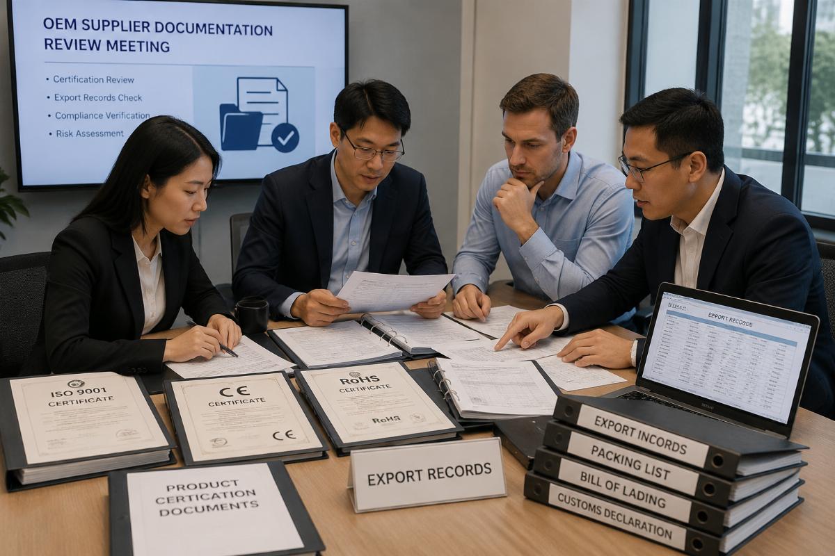 OEM supplier documentation review meeting showing certification files and export records on table