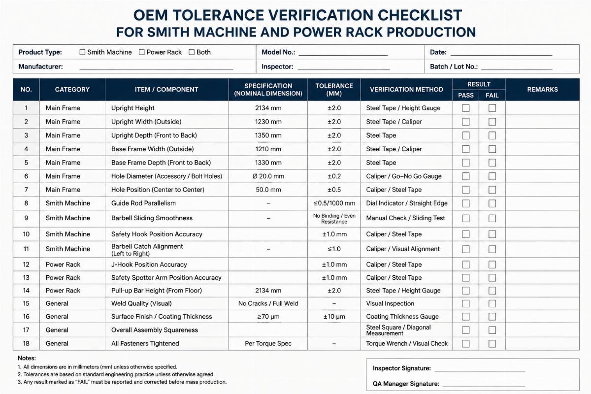 OEM tolerance verification checklist for Smith machine and power rack production