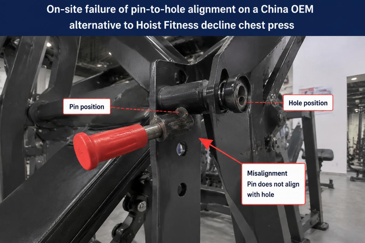 On-site failure of pin-to-hole alignment on a China OEM alternative to Hoist Fitness decline chest press
