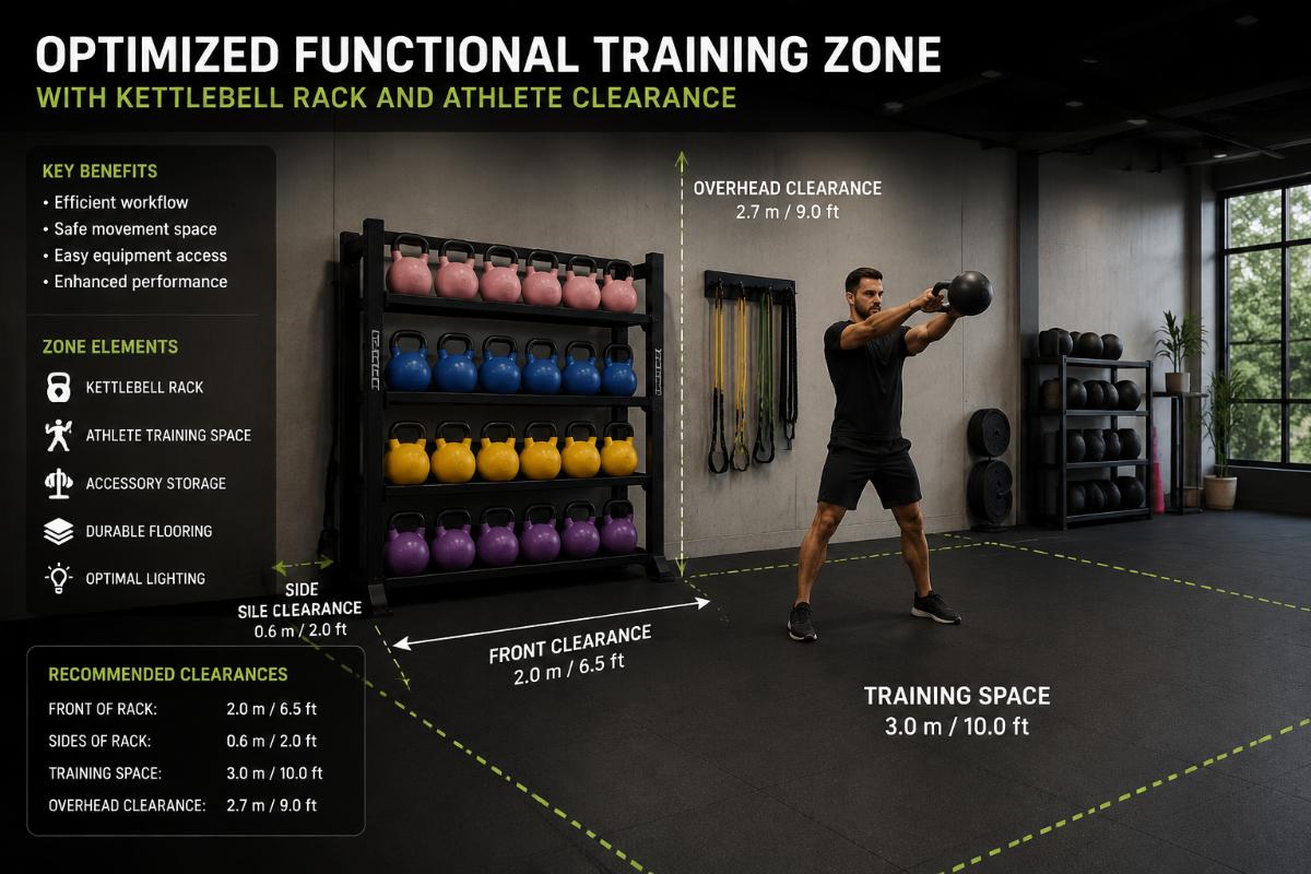 Optimized functional training zone with kettlebell rack and athlete clearance