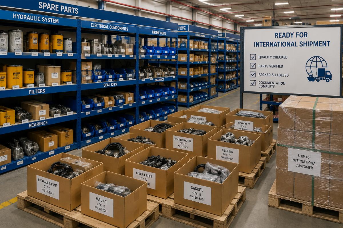 Organized spare parts warehouse with labeled components ready for international shipment