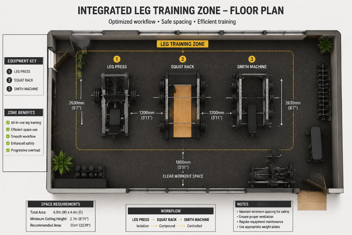 Overhead floor plan showing integrated leg training zone with leg press, squat rack, and Smith machine positioning