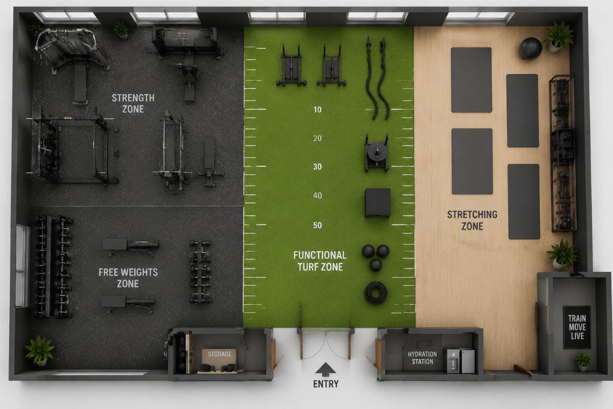 Overhead floor plan view of a functional training studio showing zoning for strength, free weights, functional turf, and stretching areas