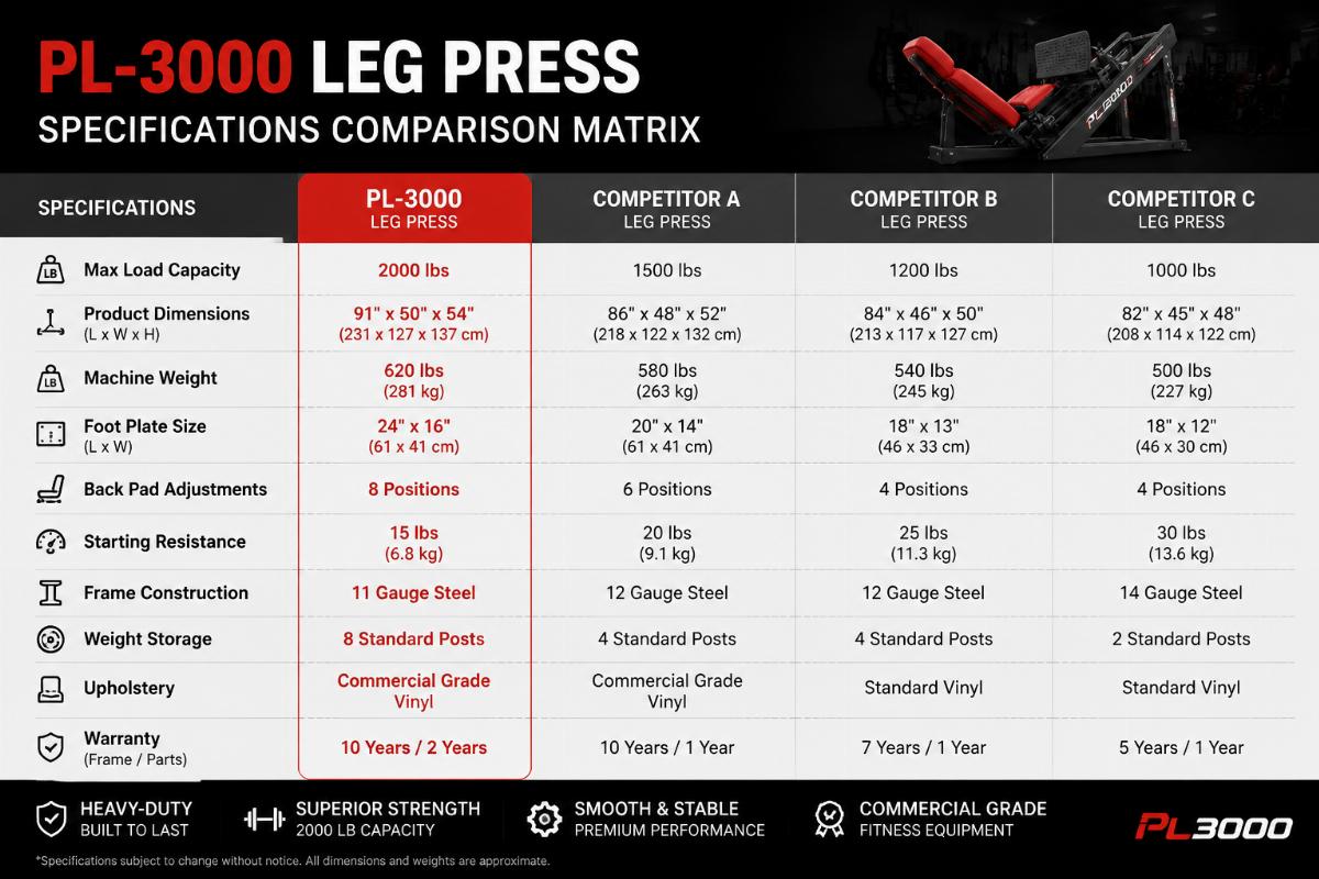 PL-3000 leg press specifications comparison matrix commercial strength equipment