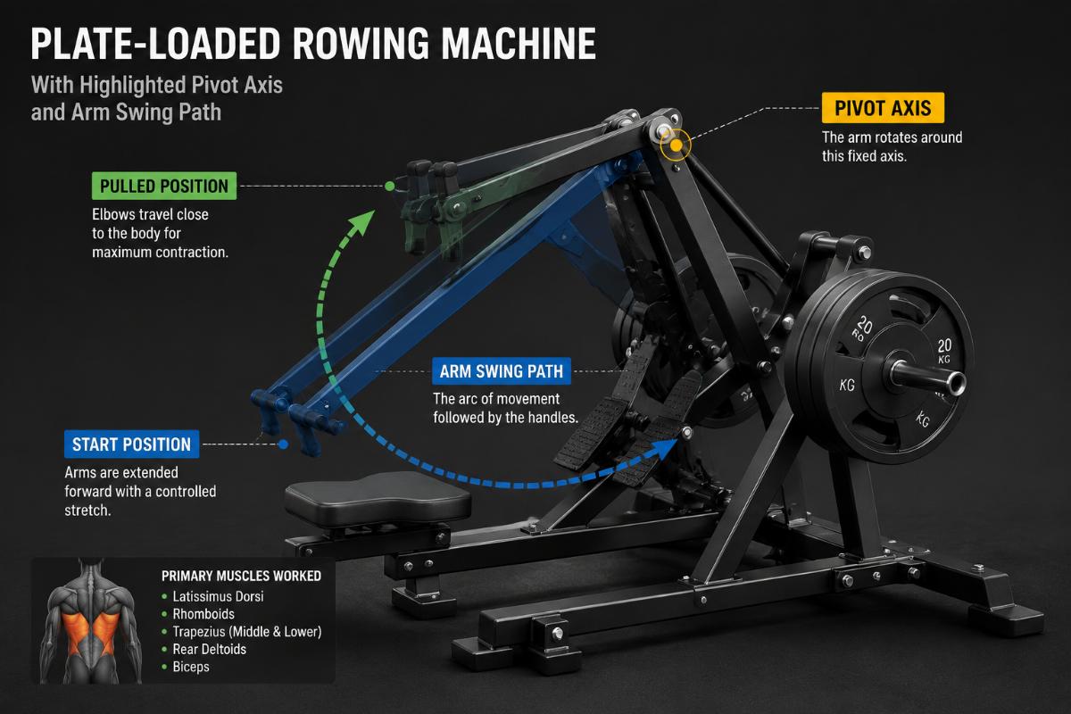 Plate-loaded rowing machine with highlighted pivot axis and arm swing path