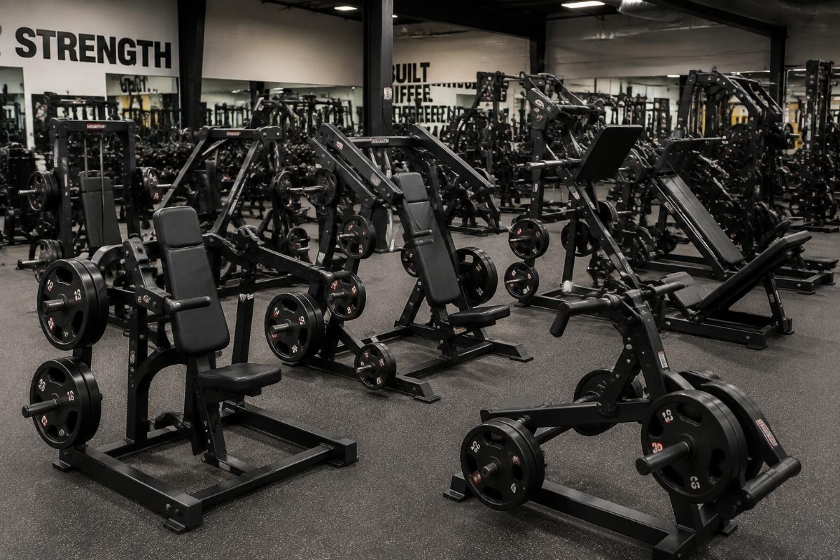 Plate-loaded strength machines arranged in a commercial gym layout
