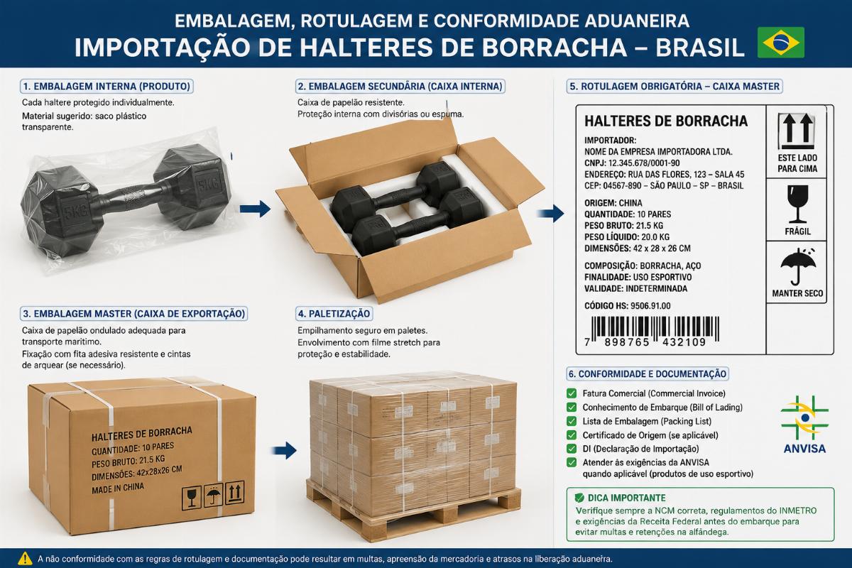 Portuguese-language labeling and customs-compliant packaging for Brazil rubber dumbbell import