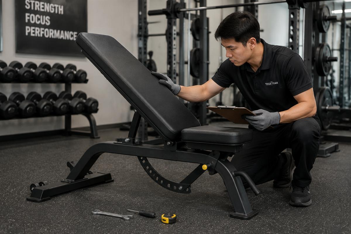 Post-installation safety check being performed on an adjustable bench, technician testing stability and adjustment mechanism function