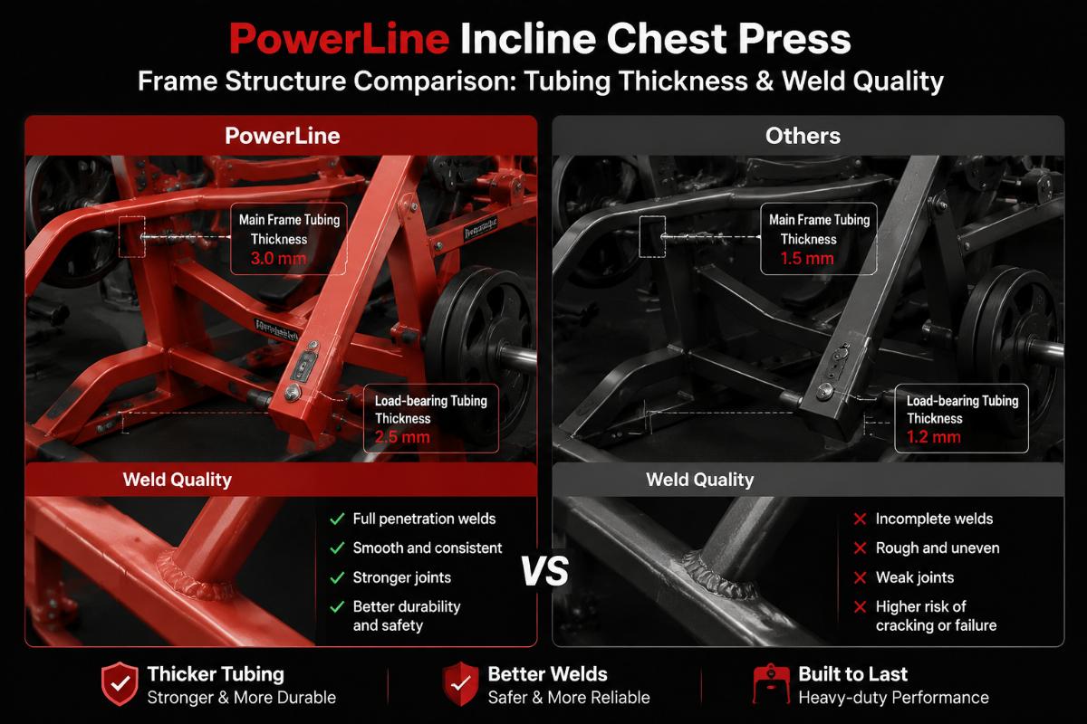 PowerLine incline chest press frame structure comparison showing tubing thickness and weld quality