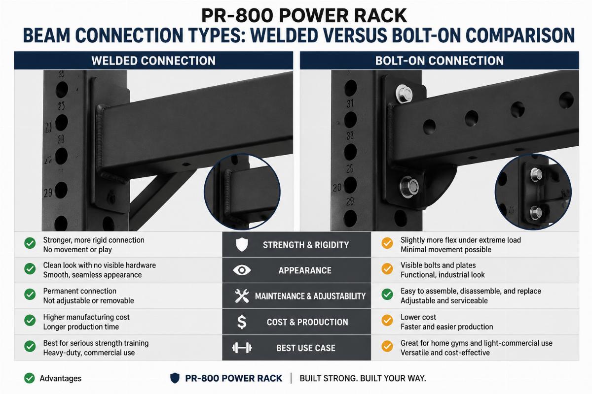 PR-800 Power Rack beam connection types: welded versus bolt-on comparison