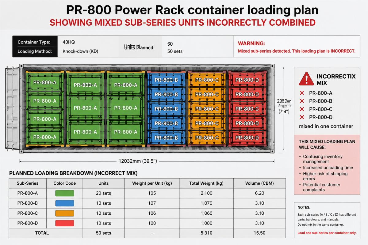 PR-800 Power Rack container loading plan showing mixed sub-series units incorrectly combined