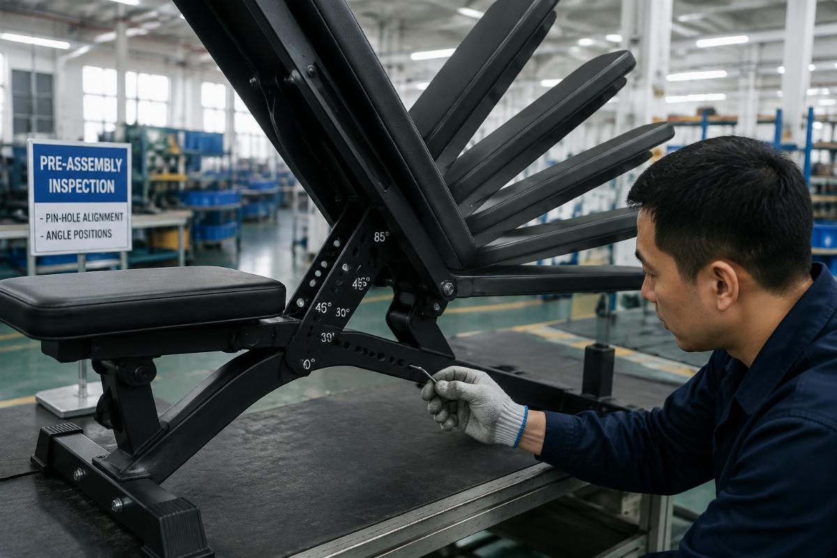 Pre-assembly inspection of an adjustable bench in a factory, technician checking pin-hole alignment across multiple angle positions