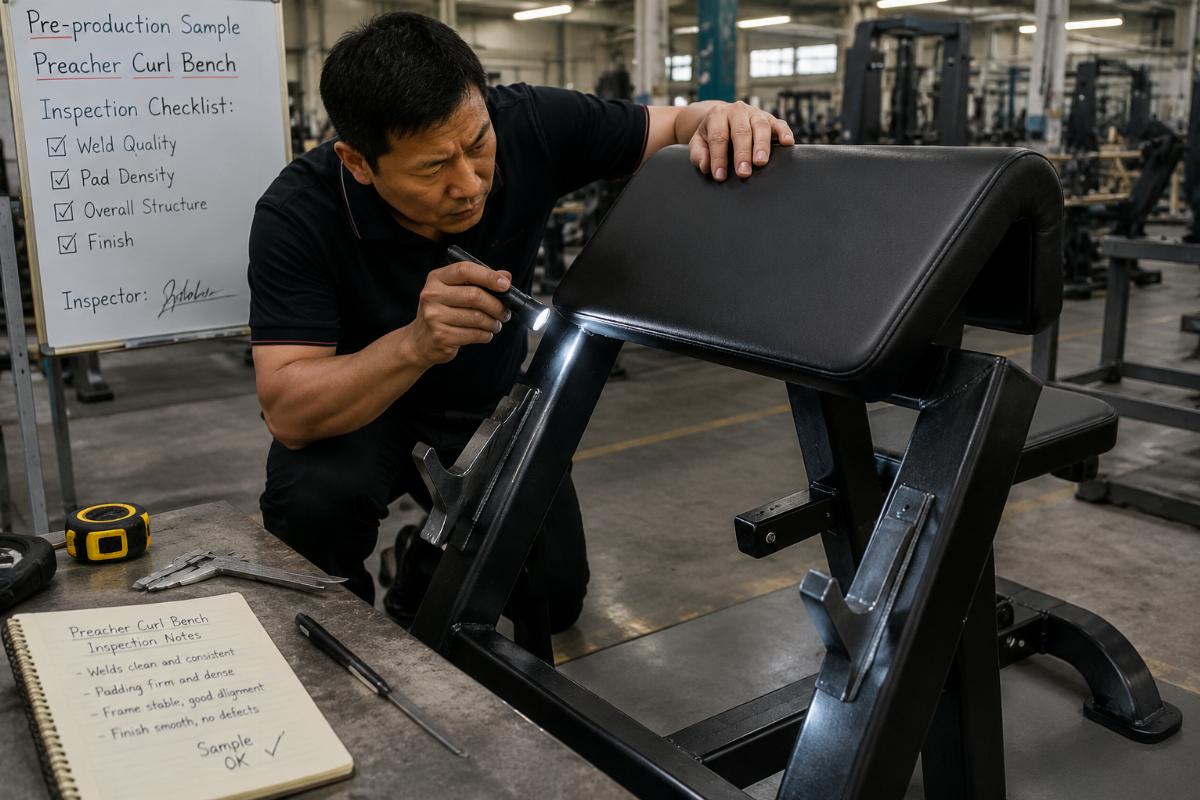 Pre-production sample preacher curl bench being inspected for weld quality and pad density