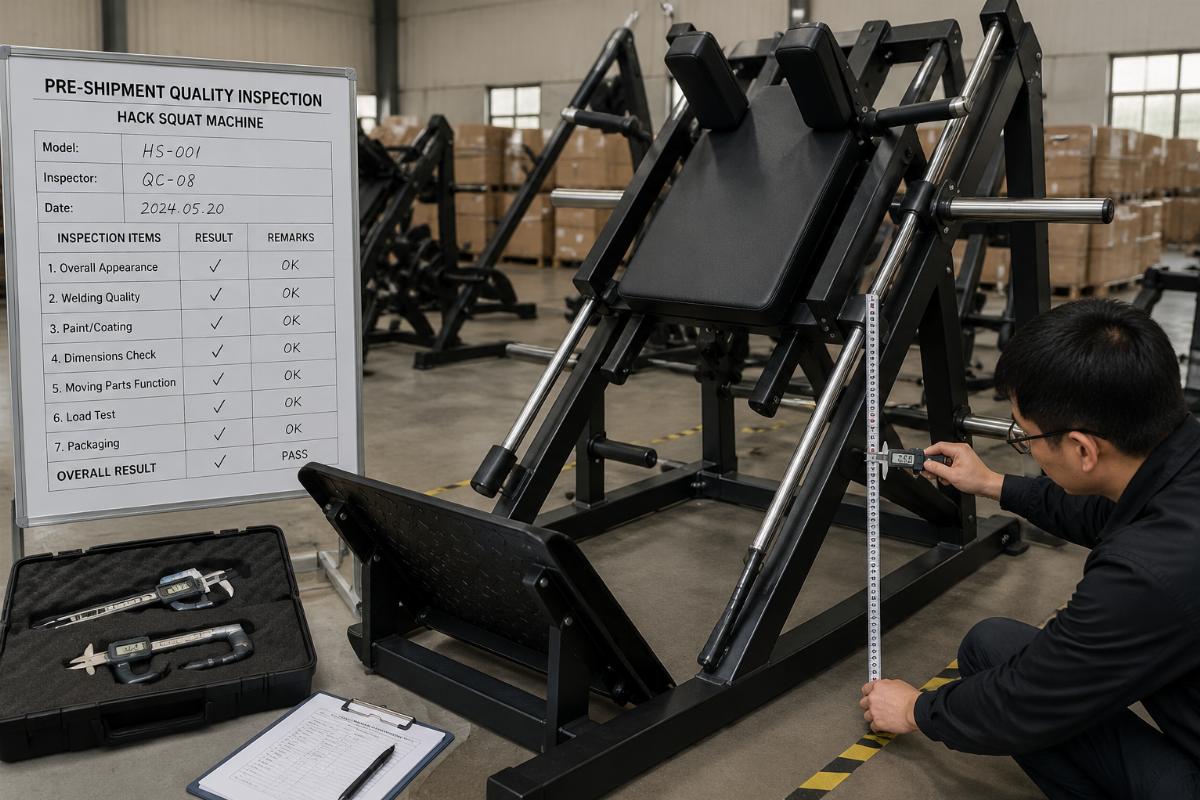 Pre-shipment quality inspection of hack squat machine with measurement tools
