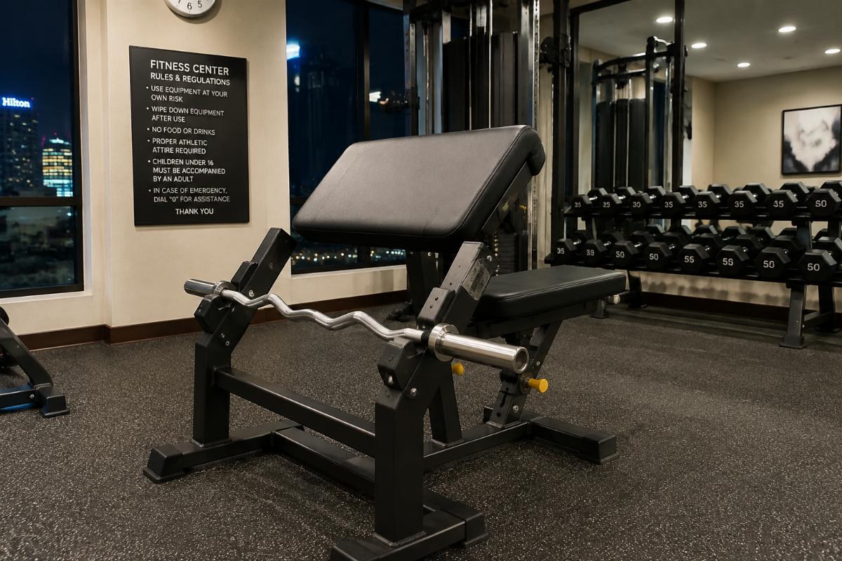 Preacher curl bench fully assembled and calibrated in hotel gym setting
