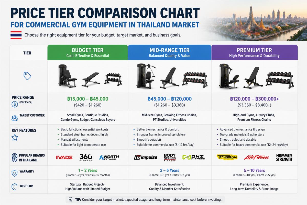 Price tier comparison chart for commercial gym equipment in Thailand market