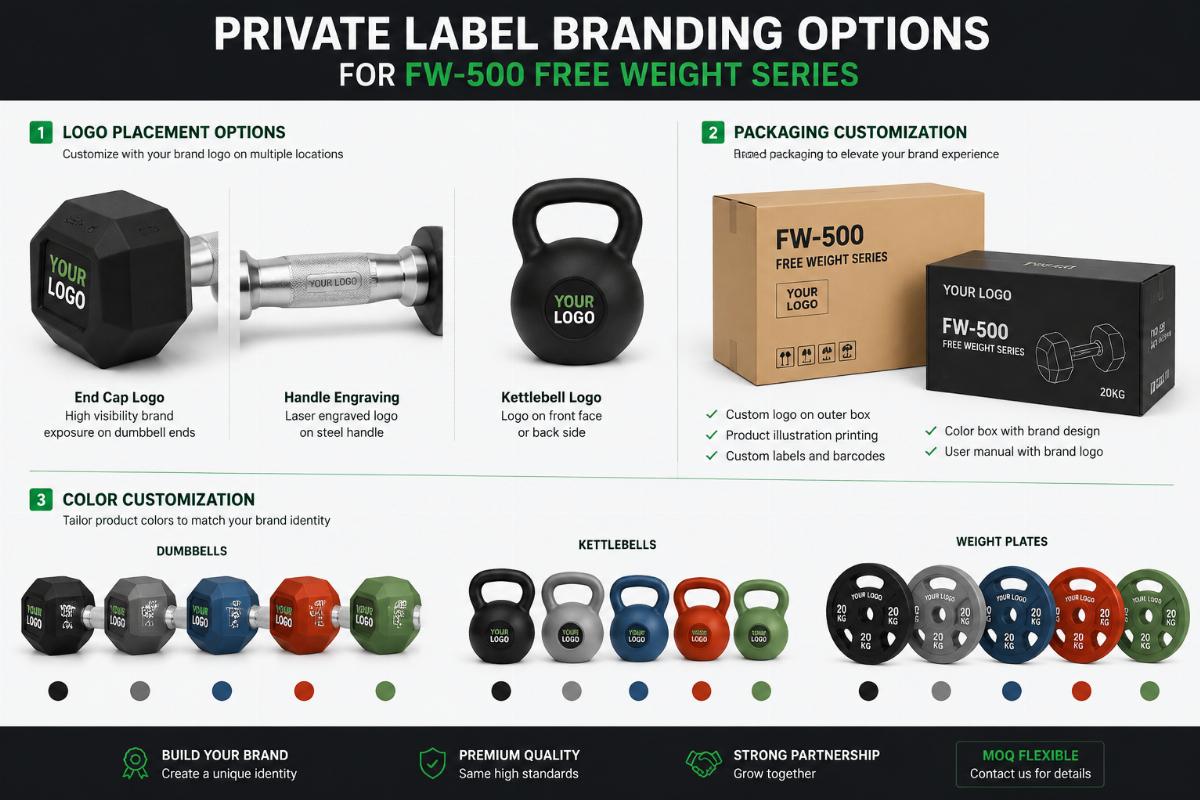 Private label branding options for FW-500 free weight series showing logo placement, packaging, and color customization