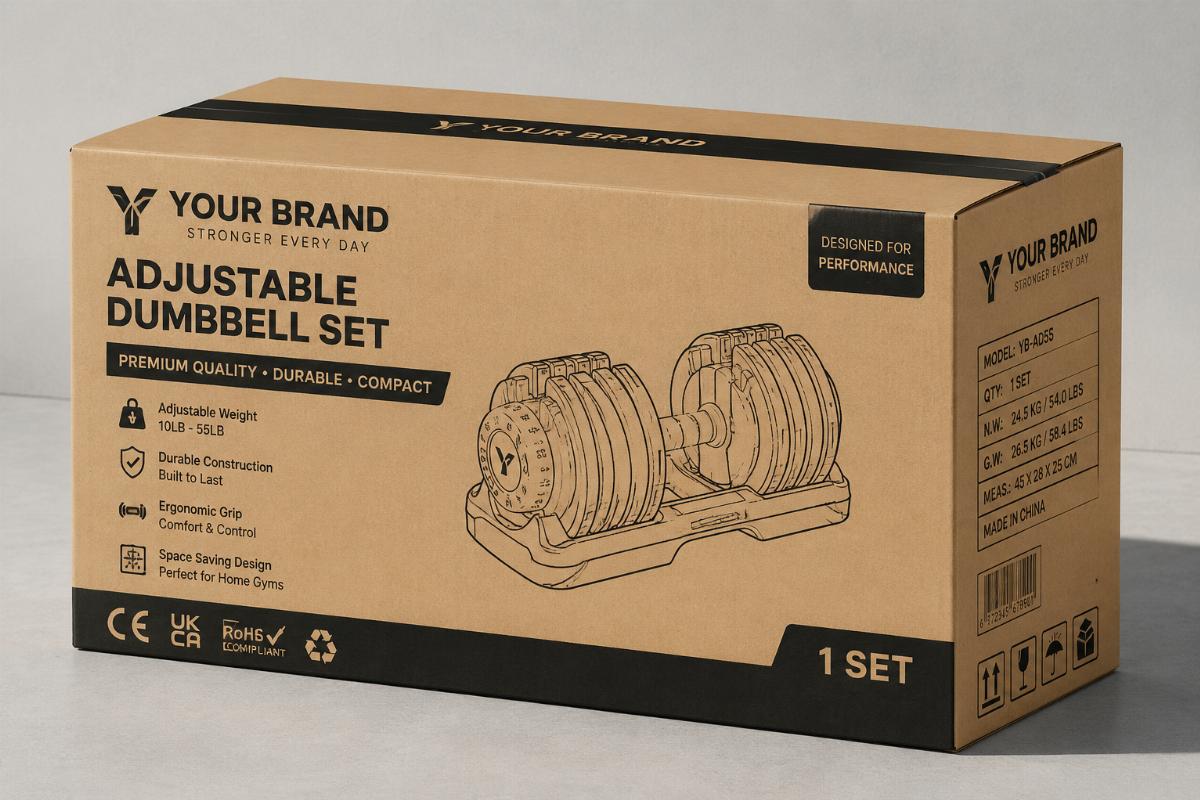 Private-label fitness equipment packaging with custom branding and compliance markings