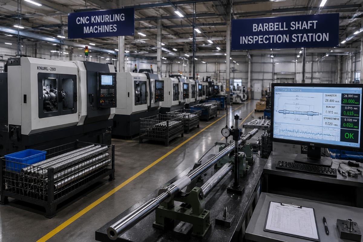 Production floor showing CNC knurling machines and barbell shaft inspection station