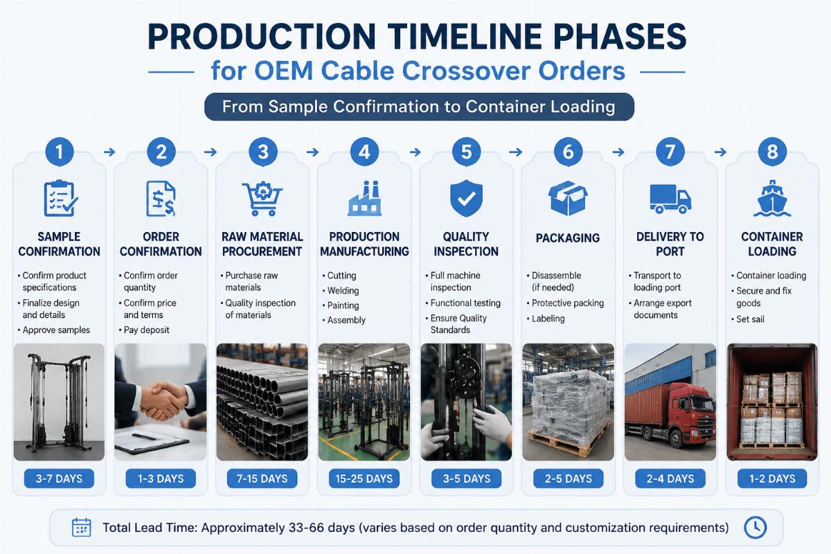 Production timeline phases for OEM cable crossover orders showing sample confirmation through container loading