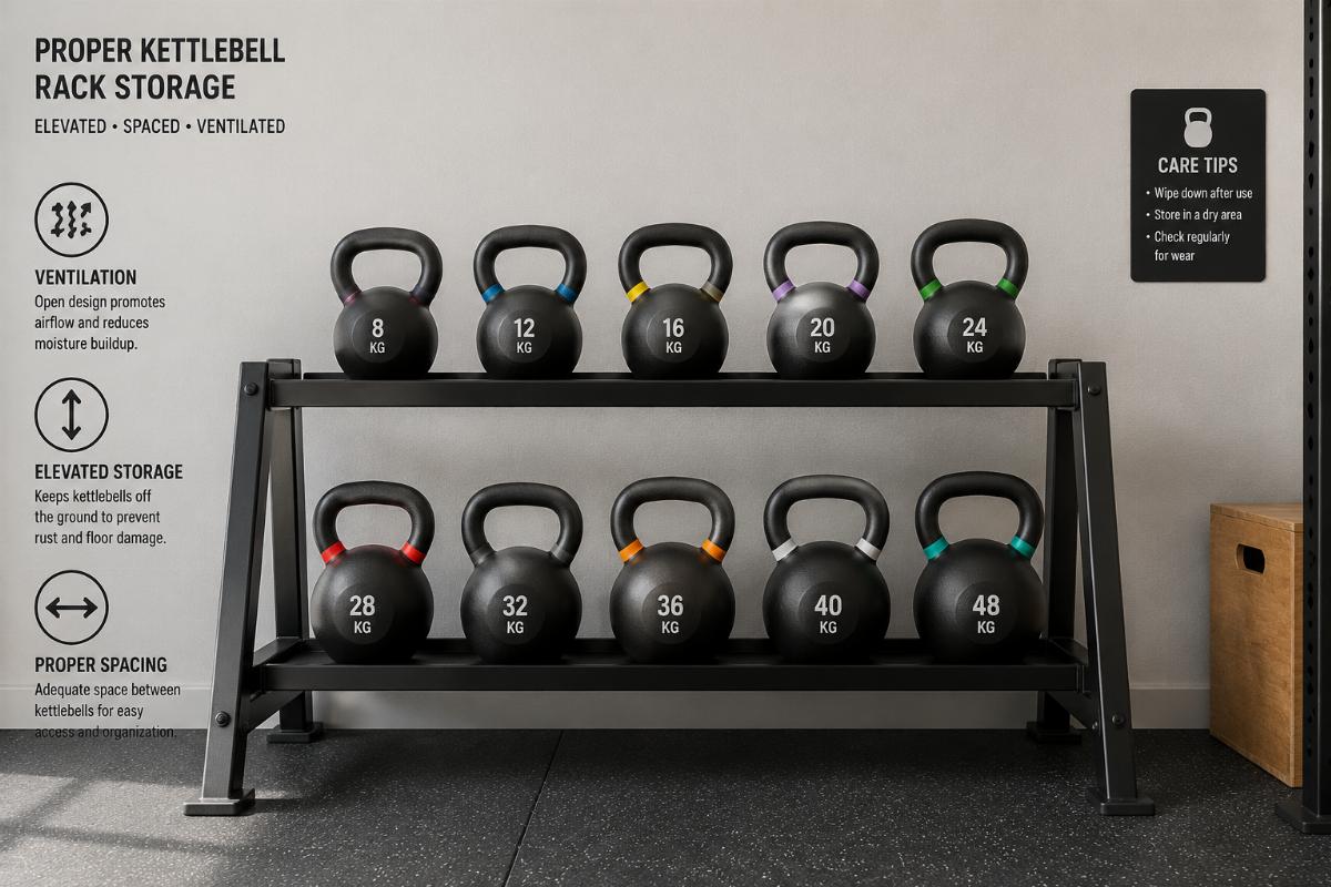Proper kettlebell rack storage with elevated spacing and ventilation