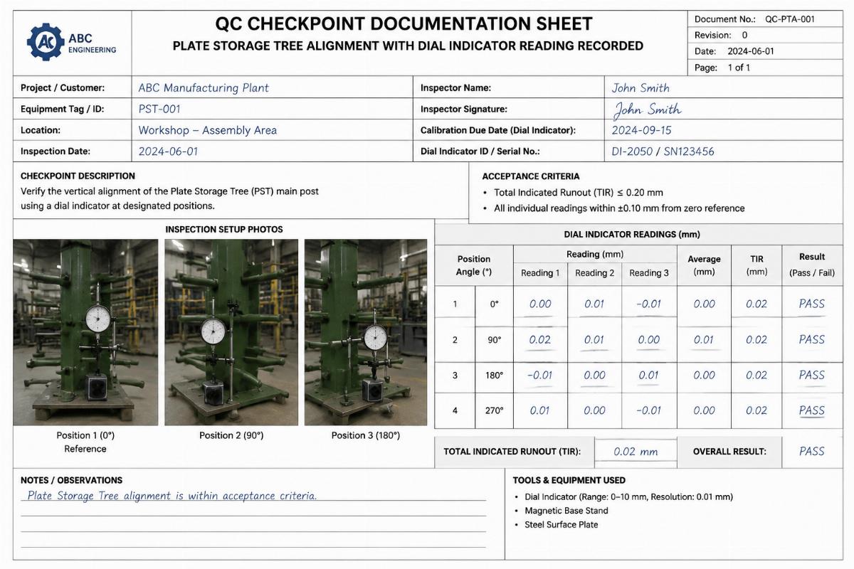 QC checkpoint documentation sheet for plate storage tree alignment with dial indicator reading recorded