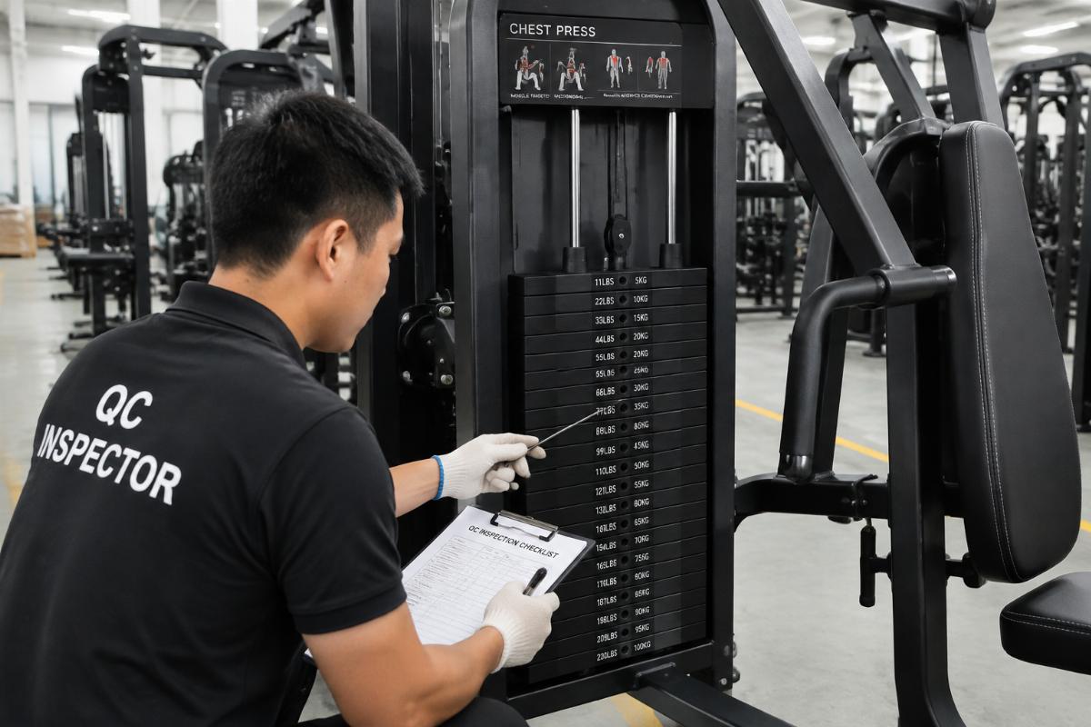 QC inspector checking weight stack pin hole alignment at chest press machine wholesale supplier factory