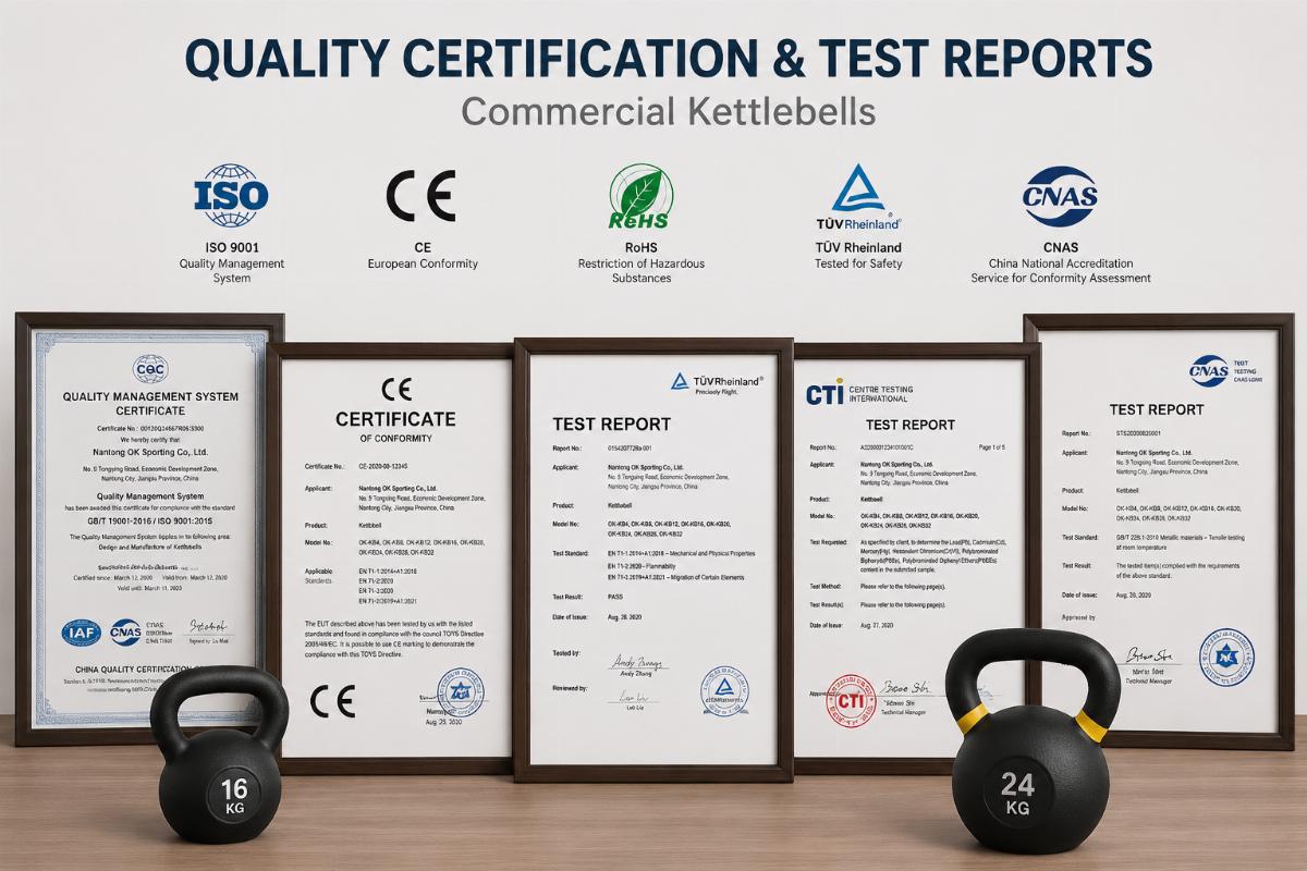 Quality certification documents and third-party testing reports for commercial kettlebells