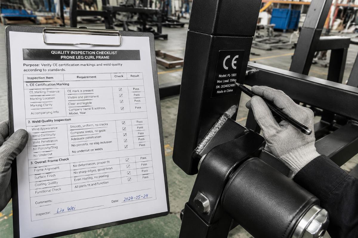 Quality inspection checklist being used to verify CE certification markings and weld quality on a prone leg curl frame in a factory setting