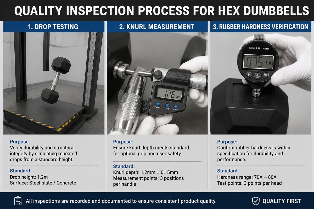 Quality inspection process for hex dumbbells including drop testing, knurl measurement, and rubber hardness verification