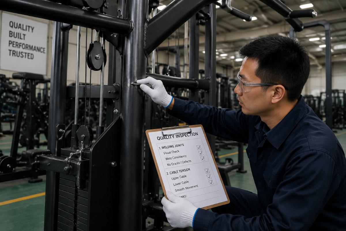 Quality inspection process showing technician checking welding joints and cable tension on commercial gym equipment