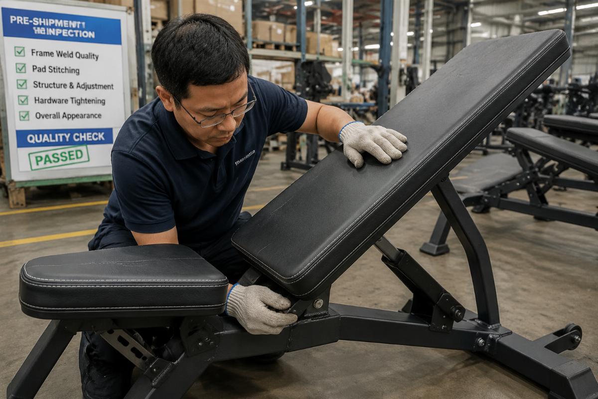 Quality inspector checking weld quality and pad stitching on OEM gym bench during pre-shipment inspection