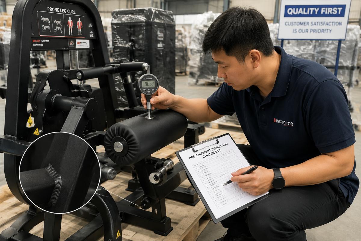 Quality inspector examining weld seams and measuring cushion foam density on a prone leg curl machine during factory pre-shipment inspection