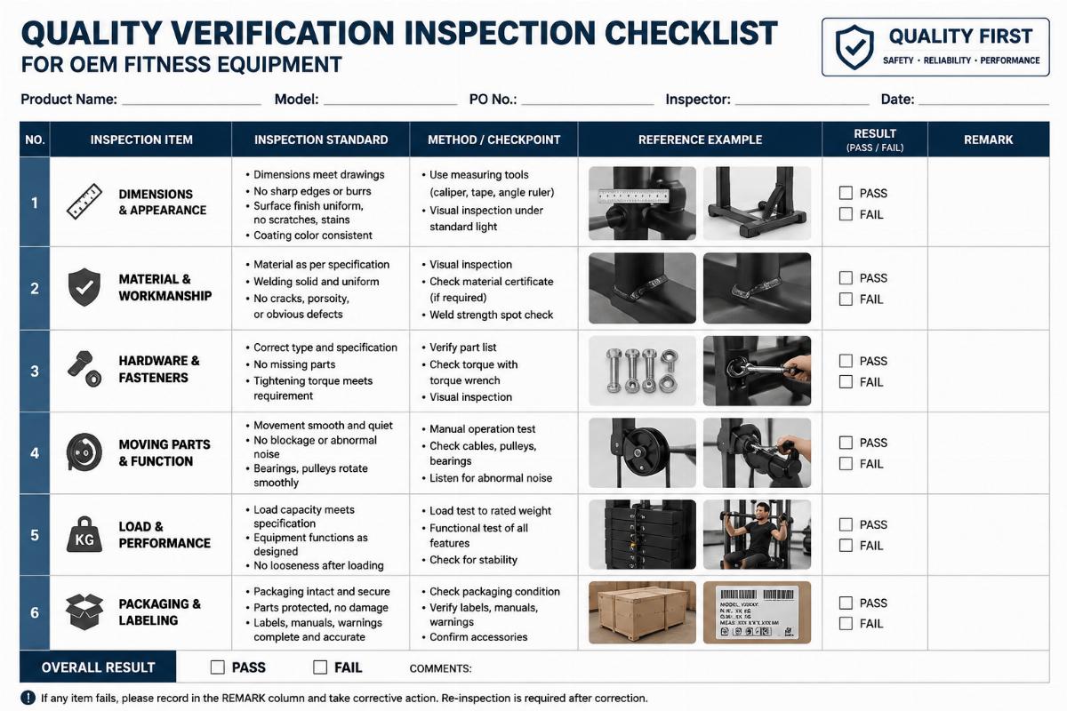 Quality verification inspection checklist for OEM fitness equipment