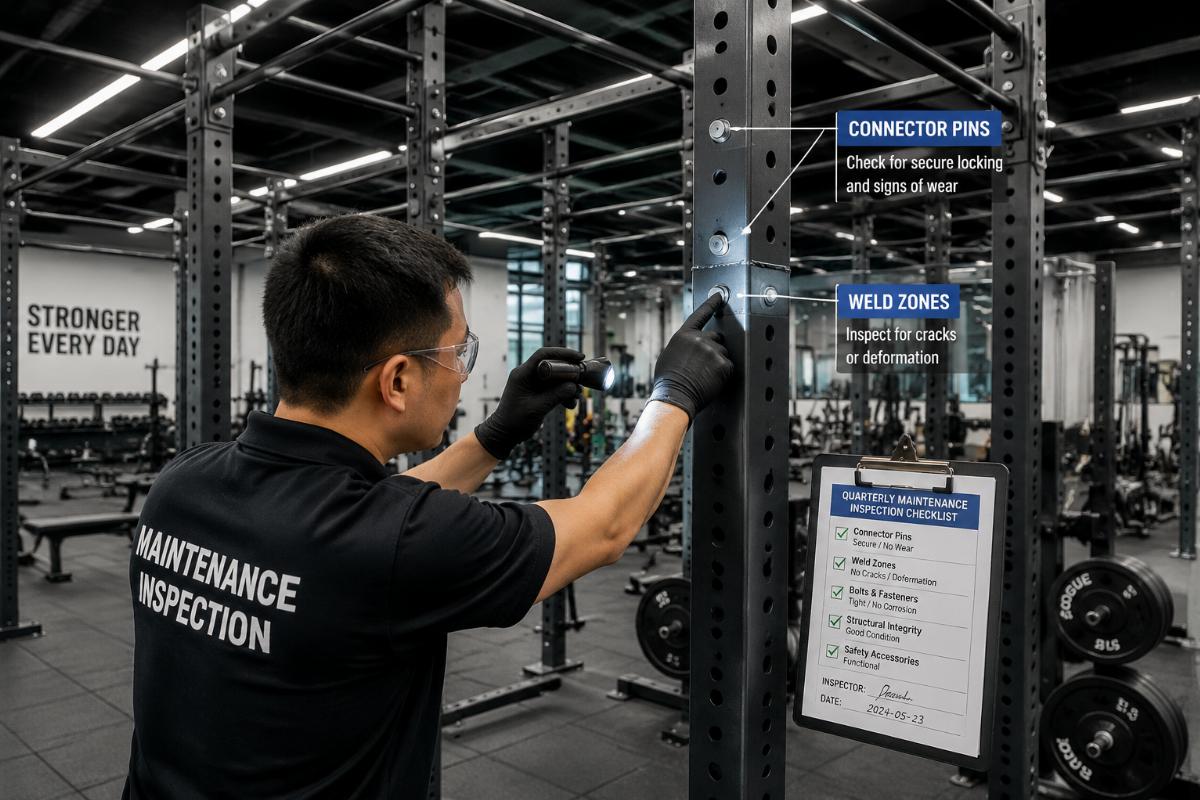 Quarterly maintenance inspection of modular rig connector pins and weld zones in commercial gym