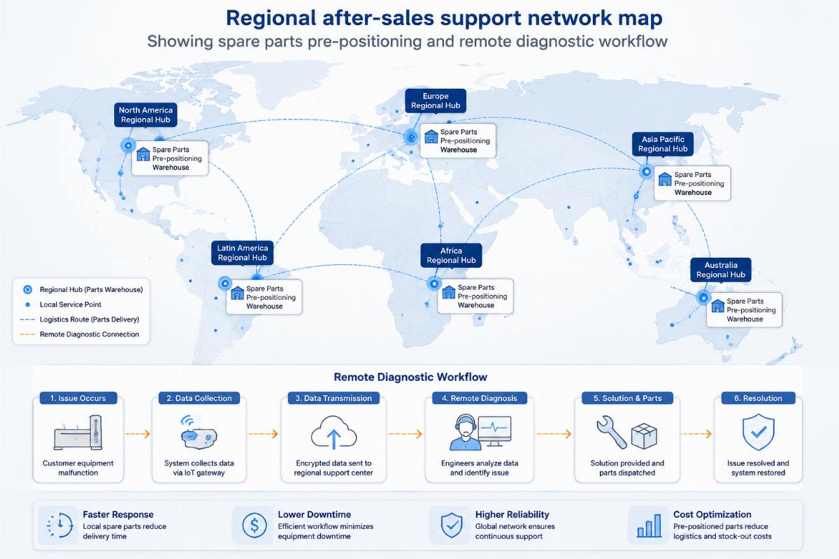 Regional after-sales support network map showing spare parts pre-positioning and remote diagnostic workflow
