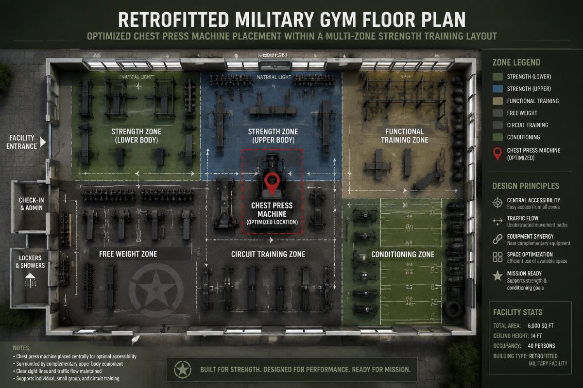 Retrofitted military gym floor plan showing optimized chest press machine placement within a multi-zone strength training layout