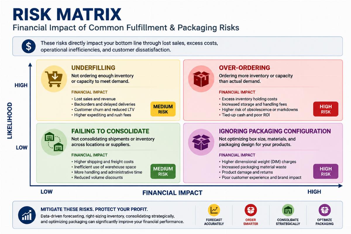 Risk matrix showing financial impact of underfilling, over-ordering, failing to consolidate, and ignoring packaging configuration
