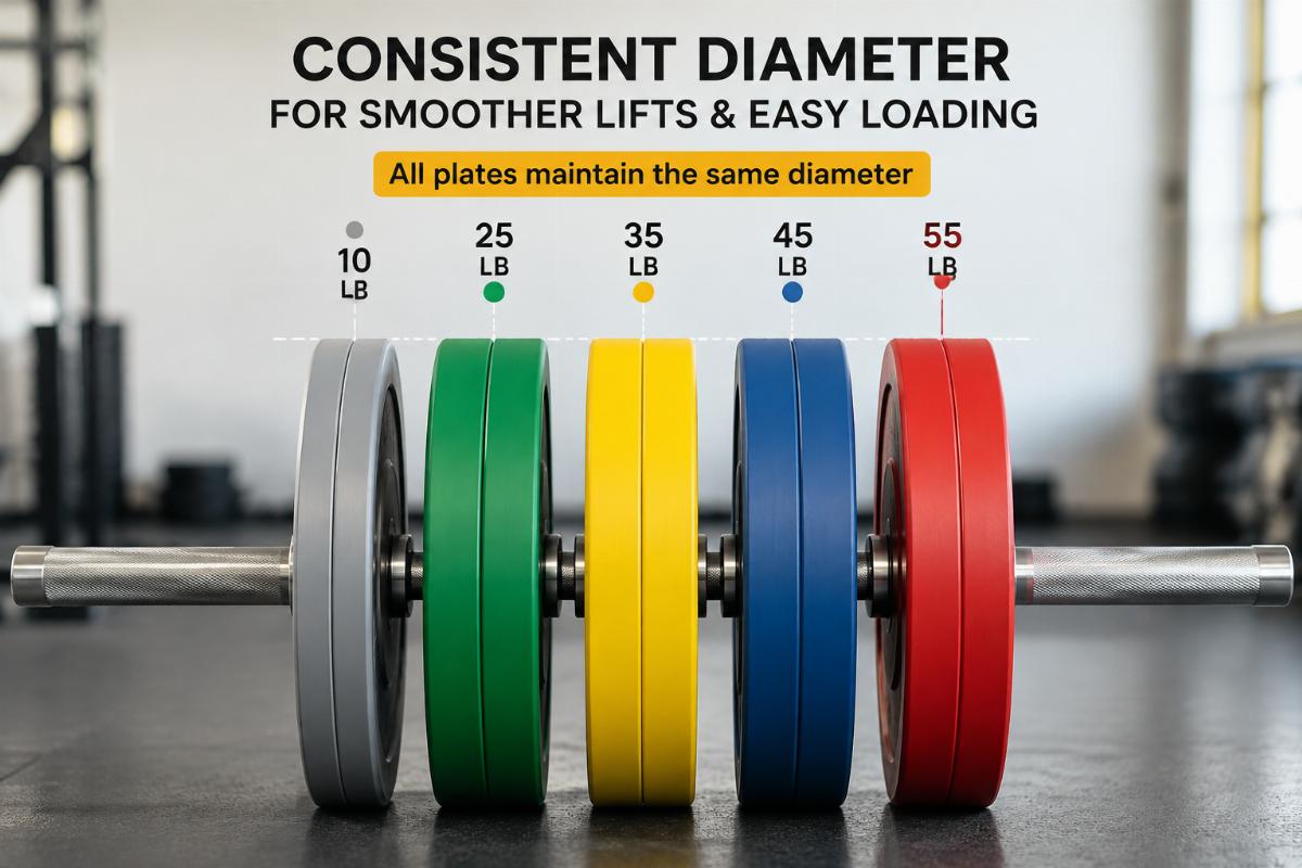 Row of color-coded bumper plates on a barbell showing consistent diameter across different weight sizes